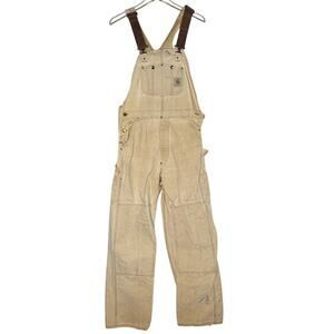 Distressed Carhartt Double Knee Bib Overalls M Carpenter Tan Canvas 34" W *flaw